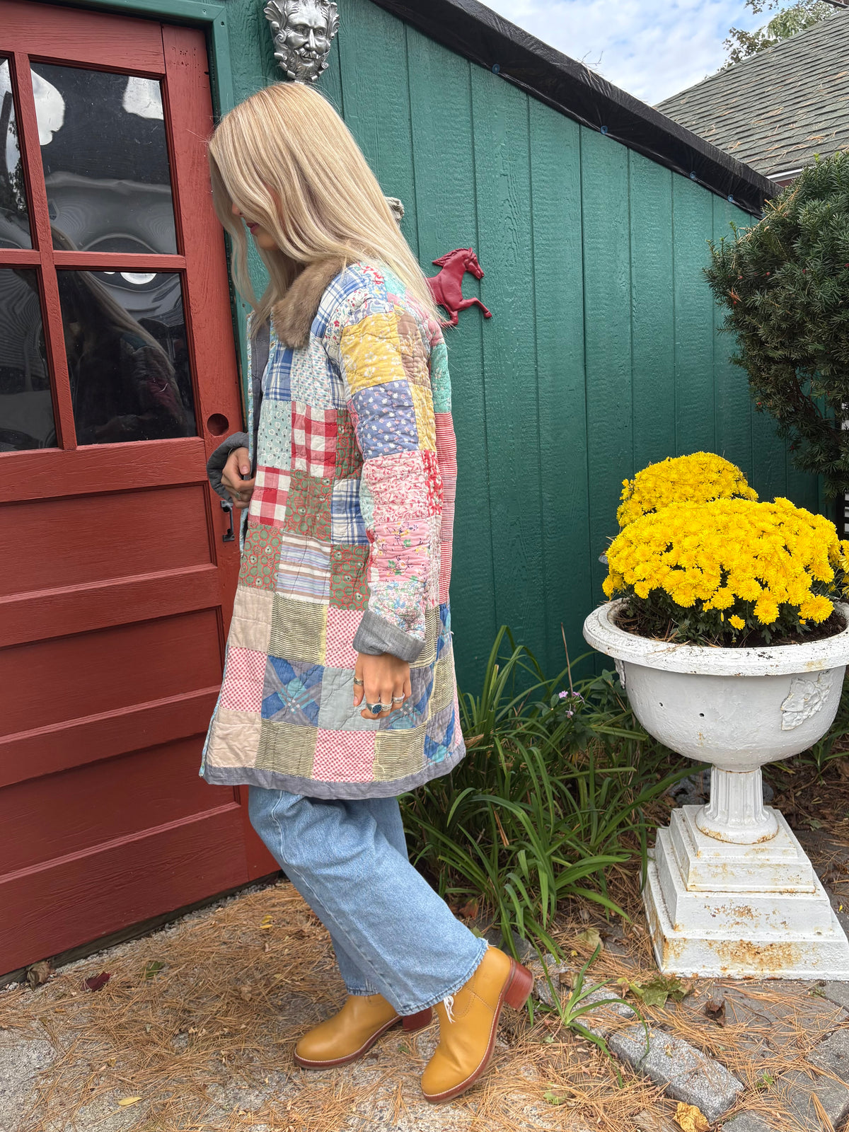 Fur Collar Patchwork Quilt Coat