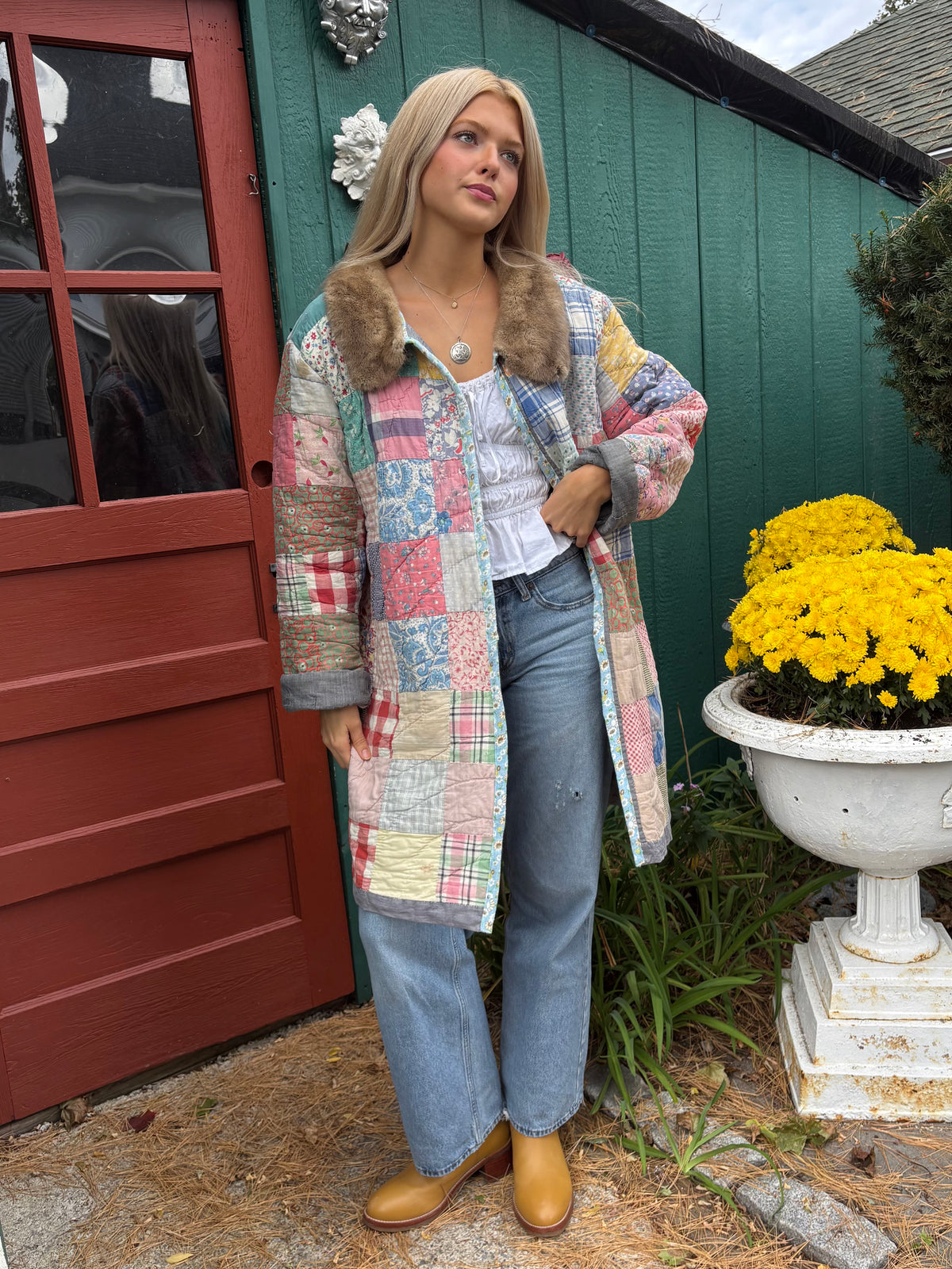 Fur Collar Patchwork Quilt Coat
