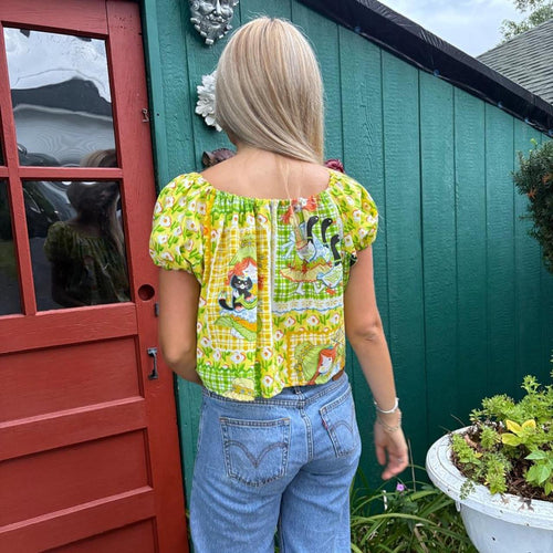 70s Print Puff Sleeve Top