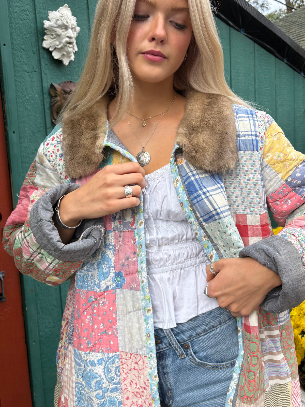 Fur Collar Patchwork Quilt Coat