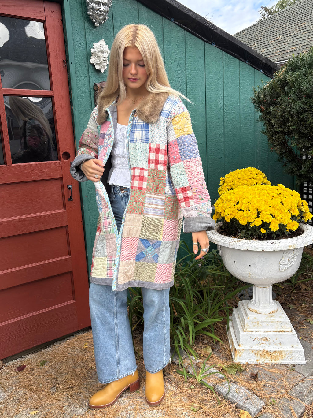 Fur Collar Patchwork Quilt Coat