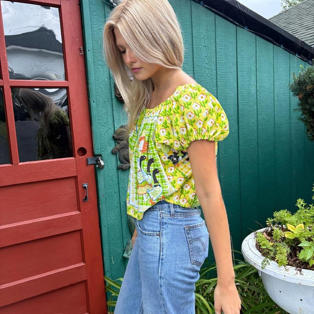70s Print Puff Sleeve Top