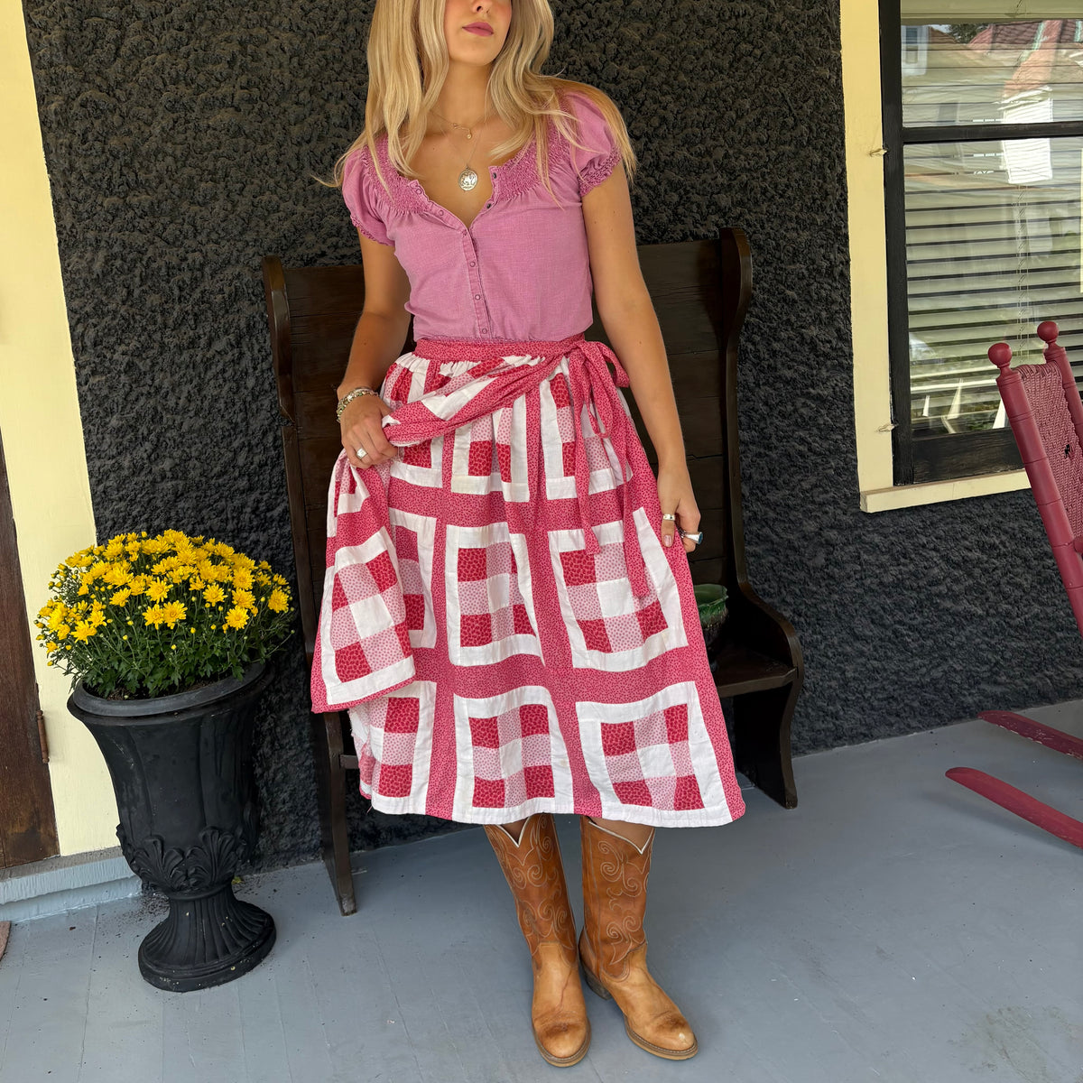 Pink 9 Square Quilt Wrap Skirt